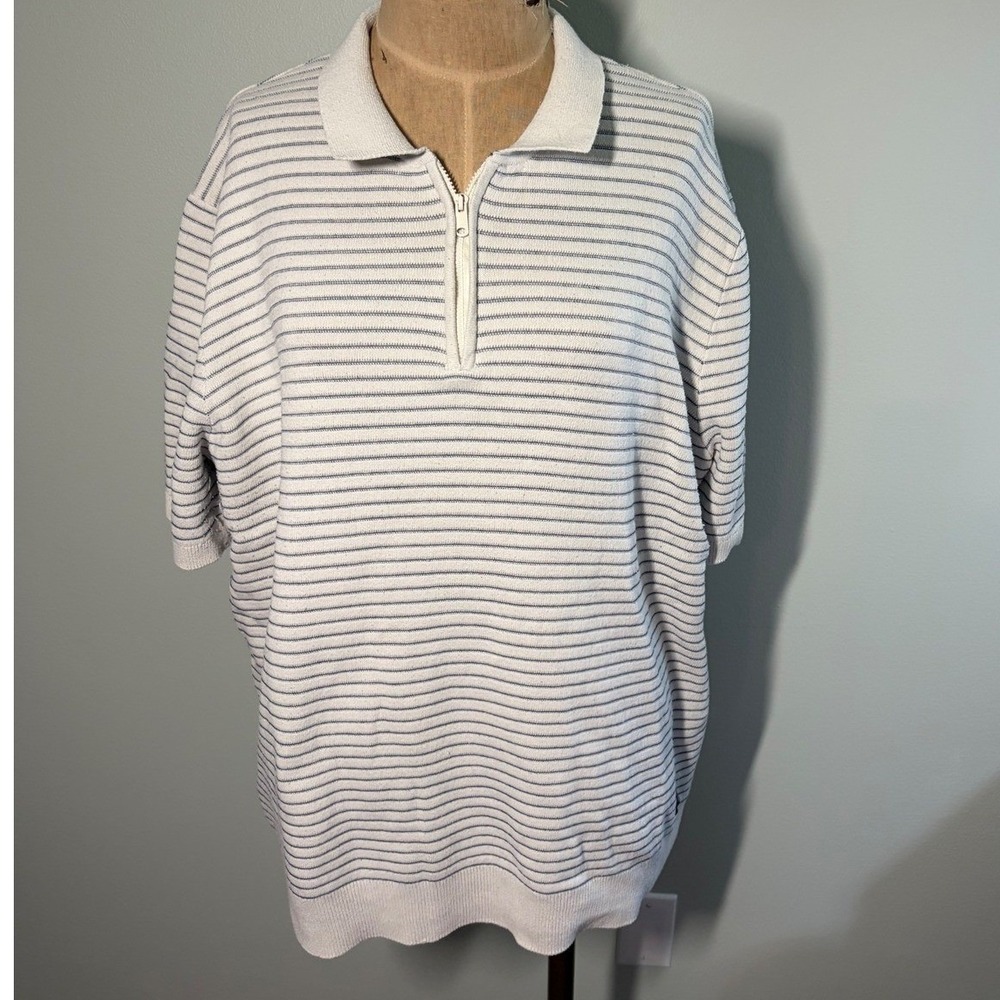 Threadbare Mens 2XL Striped Quarter Zip Knit Preppy Golf Polo Shirt Short Sleeve